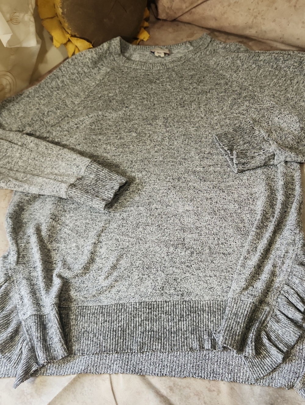 Anthropologie Marled Gray Crewneck Sweater Ruffled Split Side.  Is Oversized